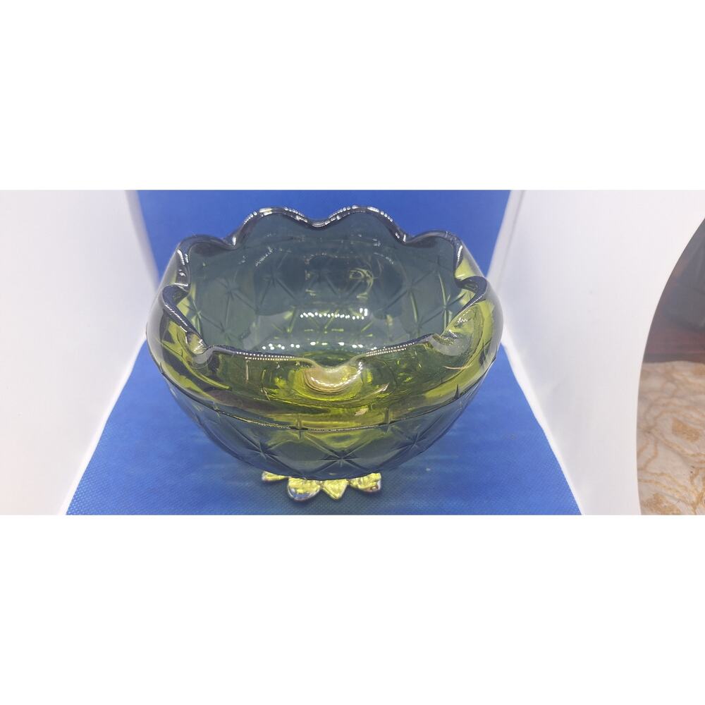 Indiana Glass Avocado Green Candy Dish Duette Quilted Diamond Vintage Glass